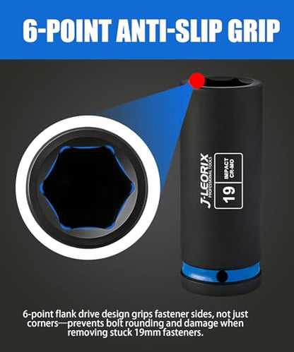 19mm Deep Impact Socket 1/2" Drive CR-MO Steel 6-Point | CR-MO steel impact socket set. 1/2" drive, 6-point design. Deep reach for lug nuts & axle nuts. - size: 19mm