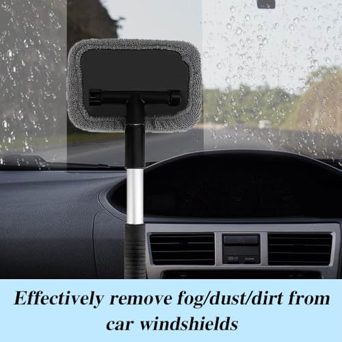 Car Windshield Cleaning Tool, Microfiber Window Cleaner with Washable and Reusable Cloth Pad & Long Handle, Universal Car Accessories Auto Glass Wiper Kit for Interior & Exterior Cleaning