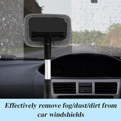 Car Windshield Cleaning Tool, Microfiber Window Cleaner with Washable and Reusable Cloth Pad & Long Handle, Universal Car Accessories Auto Glass Wiper Kit for Interior & Exterior Cleaning