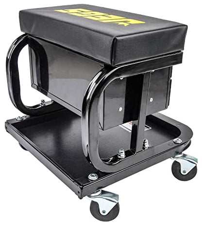 JEGS Mechanic Seat With Drawers and Tool Tray | 300 LBS Capacity | Black Finish with JEGS Logo | Padded Seat | 4 Caster Wheels