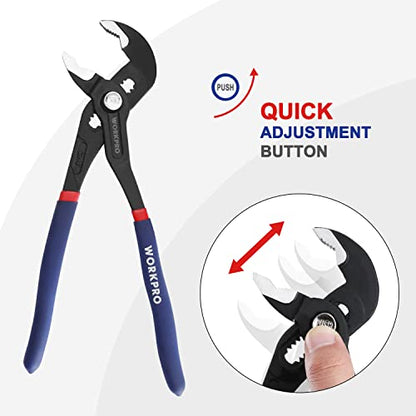 WORKPRO 10-Inch Groove Joint Pliers, Fast-Adjust Tongue and Groove Pliers | CR-V Water Pump Pliers with V-Jaw Design & Comfort Grips for Plumbing, Auto & Home Repair - size: 10-Inch