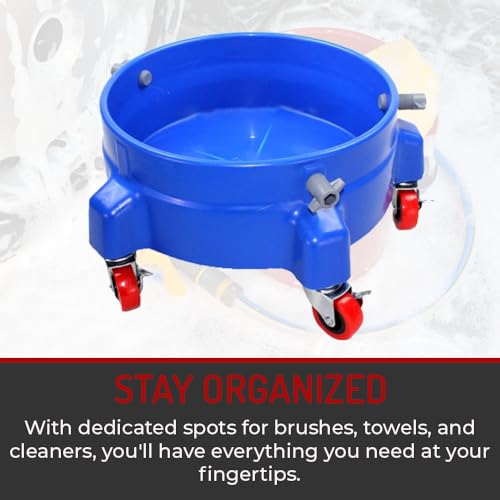 Heavy Duty Car Wash Bucket Dolly with 360° Swivel Casters | Fits 3.5–7 Gallon Buckets | 300 lb Capacity | Soap Holder | Rolling Pail Stand for Auto Detailing |Red - color: Red