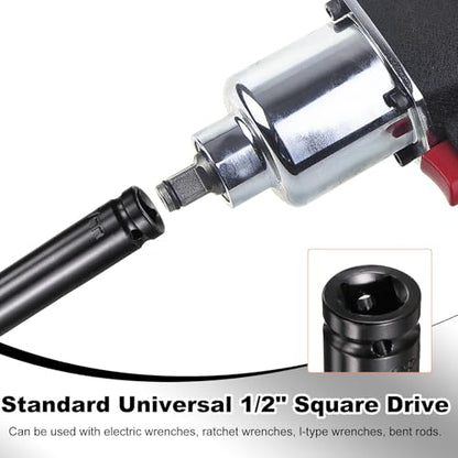 HARFINGTON 3pcs 6-Point Deep Impact Socket 1/2" Drive 17mm Metric Socket 7.7" (195mm) Extra Long Heat-Treated 45# Steel for Home Auto Spindle Axle Hex Nuts Bolts Repair, Black - size: 17mm + 7.7" Long