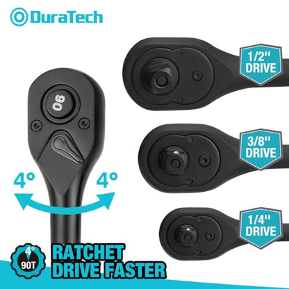 DURATECH 3-Piece Drive Ratchet, 90-Tooth Quick-release Ratchet Wrench | 1/4", 3/8", 1/2" Socket Wrench for Men Women, Reversible, Cr-V Made, 4° Swing, Manganese Phosphate Black Finish - size: Combo Kit(Black)