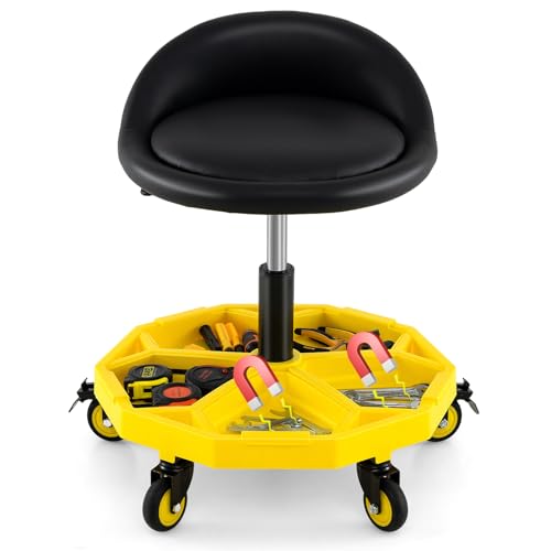 Goplus Rolling Garage Stool, 20”-25” Height Adjustable Mechanic Stool w/Magnetic Tool Tray, 2.5" Thick Padded Seat, Universal Lockable Wheels, Pneumatic Creeper Seat for Repair Shop, 350LBS Capacity - color: Yellow, size: One Tier Tool Tray