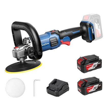 Dong Cheng 20V Brushless Cordless Polisher, Includes 2 x 4.0Ah Batteries, 500-3000RPM Buffer Polisher, 6-Speed with 6" Car Polisher Pad, Rotary Polisher for Car Detailing & Polishing.