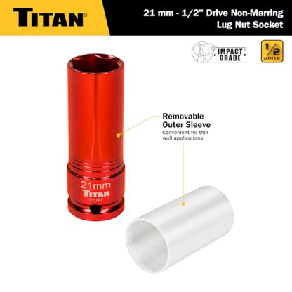 Titan 21093 1/2-Inch Drive x 21mm Non-marring Impact Deep Lug Nut Socket - size: 21mm