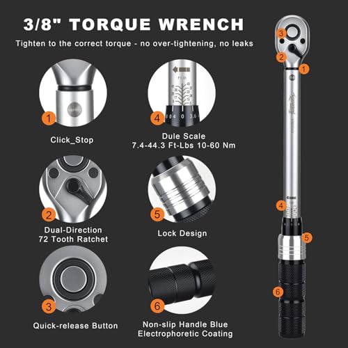 AEROFORCE 14PCS 3/8-Inch Drive Swivel Magnetic Spark Plug Socket Set with 3/8'' Torque Wrench (5-45 Lb.ft/6.8-61.2 Nm), Universal Joint & Extension Bar - Durable CR-V Steel for Easy Spark Plug Removal - size: 14PCS full Magnetic