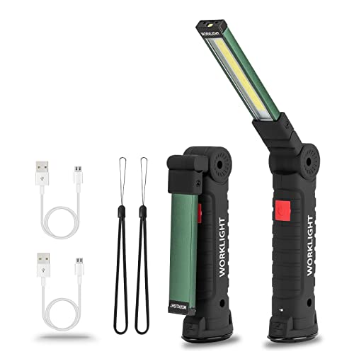 LED Rechargeable Flash Lights Automotive Tools for Mens Dad,Cordless Worklight with Magnetic Base 360° Rotate 5 Modes Brightness Trouble Torch for BBQ,Camping,Handmade,Mechanic,Gift(2 Pack) - color: Black Body + Green Alloy, size: 2 pack