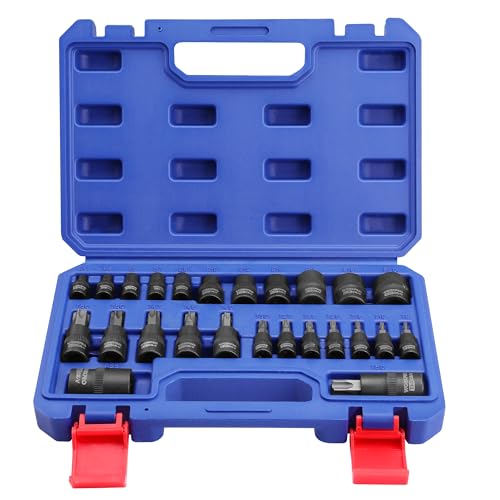 WORKPRO 25-Piece Torx Bit Socket Set, 1/4", 3/8", 1/2" Drive, E4-E22, T8-T60 Female & Torx Socket Set, CR-V & S2 Alloy Steel - style: 25-piece torx bit socket and E - socket set