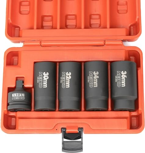 NEIKO 02530A 5 Piece 12 Point Socket Set 1/2” Drive, Lug Nut Remover, Spindle Nut Socket, Axle Nut Socket Set, Metric 30mm - 36mm Socket 1/2 Drive Impact Set, Cr-Mo Impact Adapter, 3/4" - 1/2” Reducer - size: 30-36 mm (5-Piece Set)