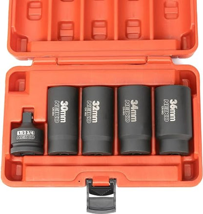 NEIKO 02530A 5 Piece 12 Point Socket Set 1/2” Drive, Lug Nut Remover, Spindle Nut Socket, Axle Nut Socket Set, Metric 30mm - 36mm Socket 1/2 Drive Impact Set, Cr-Mo Impact Adapter, 3/4" - 1/2” Reducer - size: 30-36 mm (5-Piece Set)