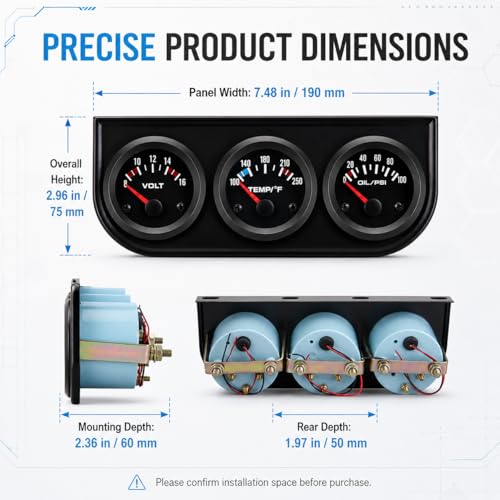 2" 52mm Triple Gauge Set, Oil Pressure Gauge, Water Temp Gauge, Voltmeter, 3 in 1 Automotive Gauge Kit, 12V Car Truck Boat Marine (RED) - color: RED
