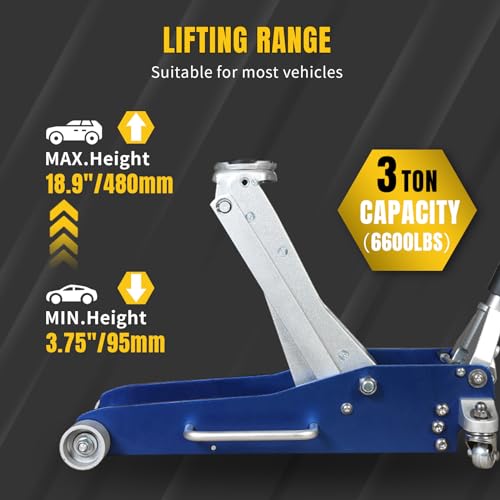 YELLOW JACKET 3 Ton Floor Jack Full Aluminum Lightweight Low Profile Car Jack 3 Ton Jack Stand with Double Locking and Large Foot Base