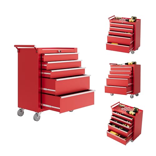 Rolling Tool Chest with Wheels, 5 Drawer Tool Storage Cabinet, Portable Toolbox Organizer with Lock, Heavy Duty Tool Chest Cart for Garage, Mechanic, Workshop, Shop, Mobile Tool Organizer, Red - color: Red, size: 5-Drawers