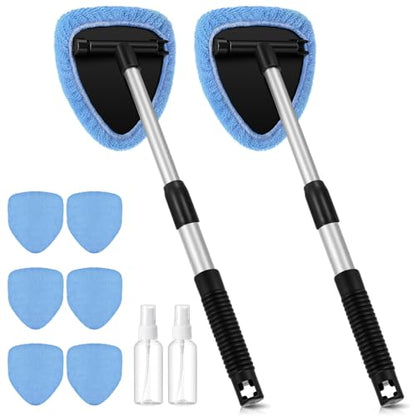 Baderke 10 Pcs Windshield Cleaner Tool Car Window Cleaning Supplies with Extendable Handle Include 6 Washable Microfiber Bonnets 2 Empty 60ml Spray Bottle Glass Wiper Kit(Light Blue) - color: Light Blue