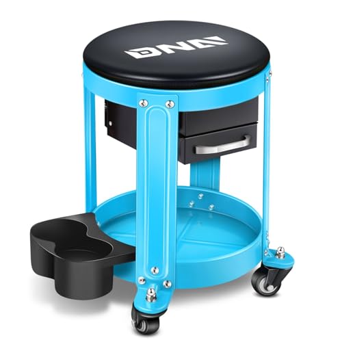 DNA Motoring Round Mechanics Roller Seat Creeper Stool with Padded Cushion, Tool Storage Drawer & Tray, 300 Lbs Max Weight Capacity, Blue, TOOLS-00492 - color: Blue