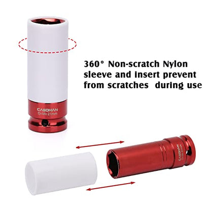 CASOMAN 1/2- Inch Drive Wheel Protector Impact Socket, 1/2" Thin Wall Deep Impact Socket Set Plastic Sleeve Lug Nut, 4 Pieces Set, 6 Point,Metric, 17mm,19mm,21mm,22mm - size: 4pcs