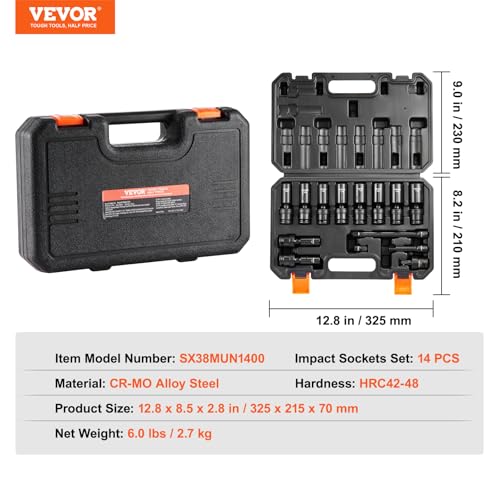 VEVOR 14PCS Universal Impact Socket Set - 3/8" Drive Deep Metric 10-19mm 6 Point - Swivel Socket with Flexible Wobble, CR-MO, Metric, Storage Case - style: 3/8" 14PCS Universal CR-MO