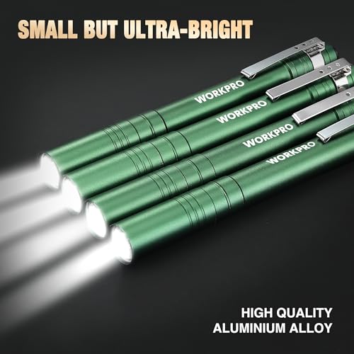 WORKPRO LED Pen Light, Aluminum Pen Flashlights, Pocket Flashlight with Clip for Inspection, Emergency, Everyday, 2AAA Batteries Include, Green(4-Pack) - color: Green