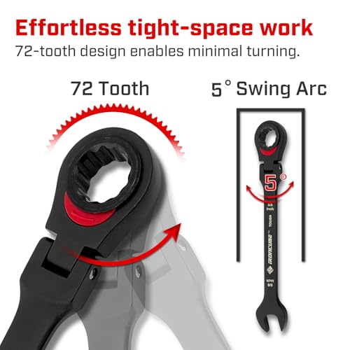 ironcube Black Ratcheting Combination Wrench Set: 11-Piece SAE 1/4–3/4 Inch – 180° Flex Head & 72-Tooth – CR-V Steel – Retro Waxed Canvas Roll for Motorcycle & Automotive Repair Tools - size: 11-Piece SAE Flex-Head