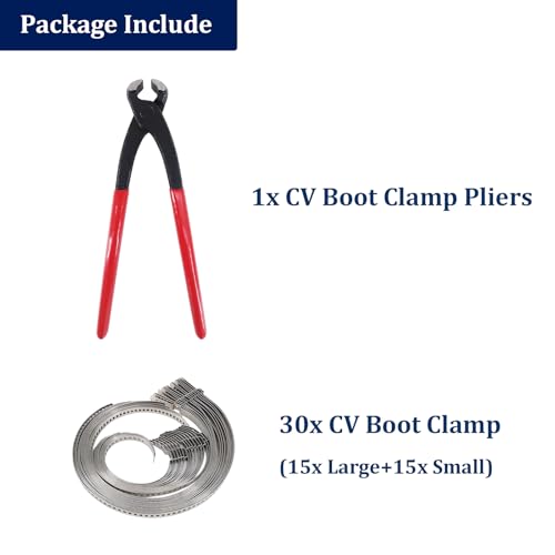 CV Boot Clamp Pliers Tool with 30 Pcs CV Boot Clamp Kit, 15PCS Large and 15PCS Small, Universal Adjustable Axle Clamps Tool Kit