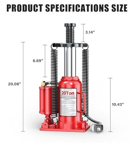 20 Ton Air Hydraulic Bottle Jack, 10-3/8" to 20-1/16" Lift Range, Manual and Air Pump Dual Operation, for Car, Auto Repair, Truck, Industrial Engineering