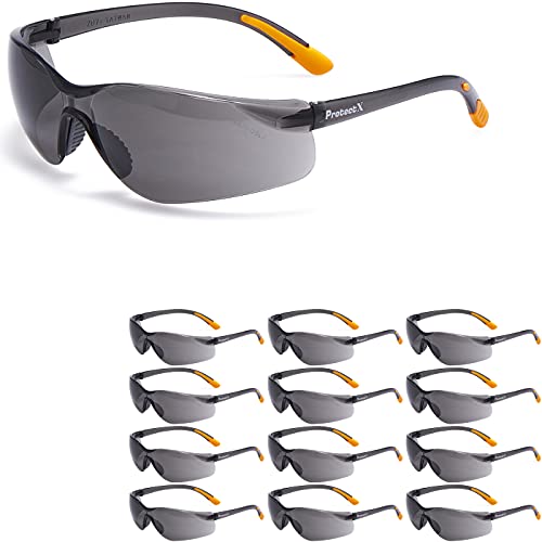 ProtectX Safety Glasses for Men & Women, Safety Sunglasses with Anti-Fog Scratch Resistant Lenses, Non-Slip Grips, ANSI Z87.1 - color: Olympus Tinted Smoke 12 Pk