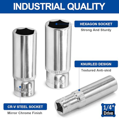 DAKCOS 11 Piece 1/4-Inch Drive SAE Deep Socket Set 5/32-9/16 Inch Lenth 50mm - size: 1/4"|SW 5/32-9/16 inch