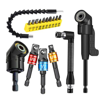 17pcs Flexible Drill Bit Extension, Include 3pcs Impact Socket Adapter 2pcs Hex Shank 105° Right Angle Drill Attachment 10 Short Screwdriver Bits Bendable Drill Bit Extension and 90° Angled Bits - color: 17p*black