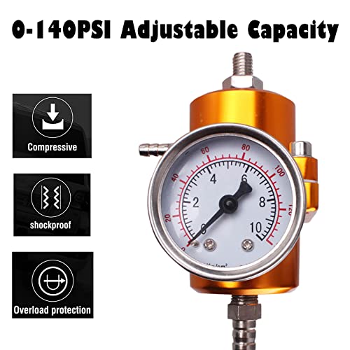 BARTOO Universal Adjustable Fuel Pressure Regulator Kit, Aluminum Fuel Regulator, Adjustable Gas Oil Injection Pressure Regulator with 0-140 PSI Gauge -Gold - color: Gold