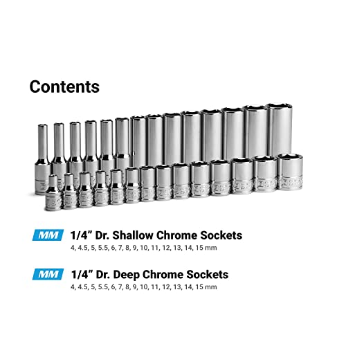 Capri Tools 1/4 in. Drive 6-Point Socket Set (Shallow & Deep Set / 4-15 mm) - size: Shallow & Deep Set / 4-15 mm