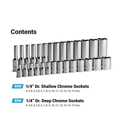 Capri Tools 1/4 in. Drive 6-Point Socket Set (Shallow & Deep Set / 4-15 mm) - size: Shallow & Deep Set / 4-15 mm