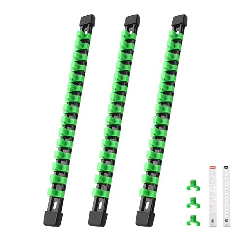 Reniteco 3-Piece Socket Organizer - 1/4-Inch Drive x 48 Clips, Heavy Duty ABS Socket Holder with Removable End Caps, Premium Socket Rail for Tool Box Drawer - color: Green, size: 1/4" DR