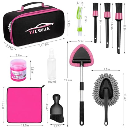 Windshield Cleaning Tool, 13PCS Car Detailing Kit Interior Cleaner, Car Window Cleaner with Extendable Handle, Car Interior Cleaning Kit with Detailing Brushes for Women Men (Pink) - color: pink