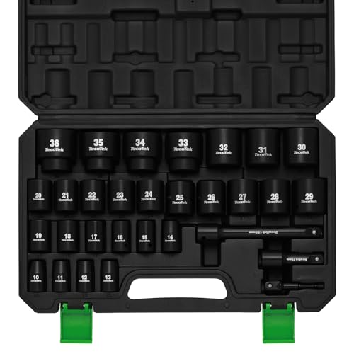 TecoTek 30 Pieces 1/2-Inch Drive Shallow Metric Impact Socket Set, Cr-Mo, 10mm to 36mm, No Skipped Sizes, 6 Point, Includes Extension Bars, Drill Socket Adapter 1/2" - size: 1/2" Dr. 30pcs Shallow Impact Socket