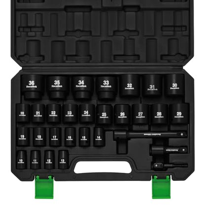 TecoTek 30 Pieces 1/2-Inch Drive Shallow Metric Impact Socket Set, Cr-Mo, 10mm to 36mm, No Skipped Sizes, 6 Point, Includes Extension Bars, Drill Socket Adapter 1/2" - size: 1/2" Dr. 30pcs Shallow Impact Socket