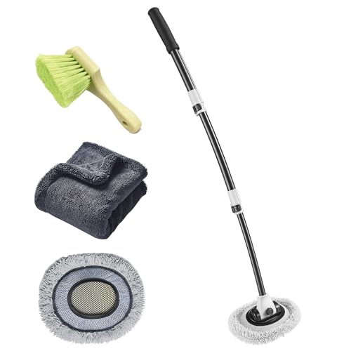 Car Wash Mop with Long Handle 15° Curved Extension Microfiber Scratch-Free Car Wash Brush with 1300GSM Thickened Drying Towel & Soft Bristle Tire Brush Complete Car Wash Kit (White & Grey) - color: White & Grey