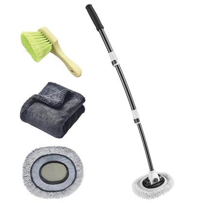 Car Wash Mop with Long Handle 15° Curved Extension Microfiber Scratch-Free Car Wash Brush with 1300GSM Thickened Drying Towel & Soft Bristle Tire Brush Complete Car Wash Kit (White & Grey) - color: White & Grey