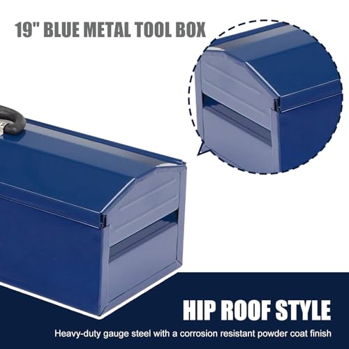 Portable Tool Box, Metal Tool Box, 19" Hip Roof Style, Ideal for Trailer, Mechanic, DIY-ers, Car Toolbox, Workshops, Garages, Repair Shops,Blue - size: 1p-19in-U