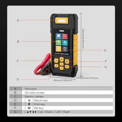 BT760 12V/24V Car Battery Tester with Printer, 30-2000 CCA | Tests flooded, AGM, GEL and EFB lead-acid batteries; includes 3 thermal paper rolls for printable test reports.