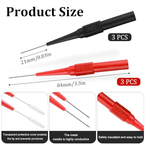 6 PCS 0.7 mm Stainless Steel Back Probe Pins Kit, Non-Destructive Insulation Wire Piercing Test Leads, Fieldpiece Multimeter Tester Probes Needle for Banana Socket Plug, Car Tester (Black & Red)