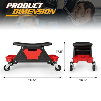 Magshion Garage Creeper Seat with Built-in Storage Drawer & Tool Holder – Durable Plastic Rolling Mechanic Stool with Wheels, 300 Lbs Capacity for Workshop & Auto Repair (Red)