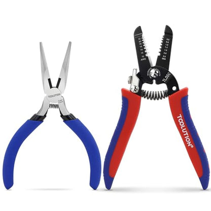 2-Piece Electrician Pliers Set Professional Wire Stripping Tool | 7 Inch Wire Stripper & 5 Inch Needle Nose Pliers Spring-Loaded Design & Non-Slip Grip for Electrical Work, DIY, Crafting - color: Needle Nose+wire Stripper