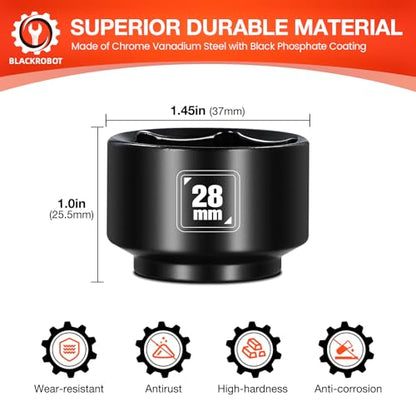 BLACKROBOT 28mm Low Profile Oil Filter Socket, 3/8" Drive 6-Point Oil Filter Cap Remover and Installer Tool, Chrome Vanadium Steel - size: 28mm
