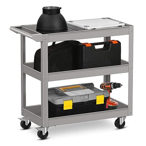 IRONMAX 3-Tier Utility Service Cart, 400 Lbs Heavy Duty Metal Trolley Rolling Cart w/Ergonomic Flat Handle, Lockable 360°Swivel Wheels, Chic Mechanic Tool Cart for Garage Warehouse & Repair Shop - color: Gray