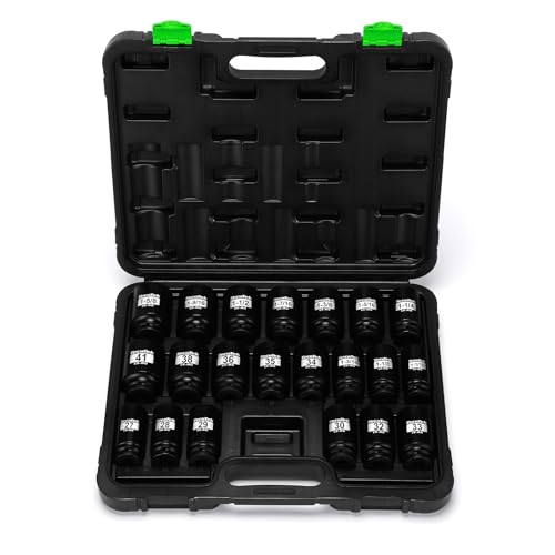 TecoTek 1/2" Drive Deep 6-Point Impact Socket Set, 21-Piece Spindle Axle Nut Impact Socket Set, CR-MO, SAE (1-1/16-Inch to 1-5/8-Inch) and Metric (27mm to 41mm) - size: 1-1/16-Inch to 1-5/8-Inch (21 pieces)