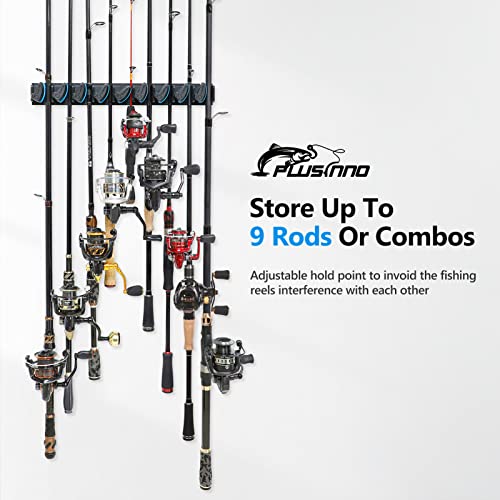 PLUSINNO Vertical Fishing Rod Holder, Wall Mounted Fishing Rod Rack, Fishing Pole Holder Holds Up to 9 Rods or Combos, Fishing Rod Holders for Garage, Fishing Gear and Gifts for Men - style: Blue 1-pack (store 9 combos)