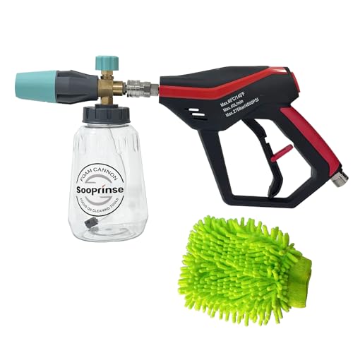 Sooprinse Pressure Washer Gun with Foam Cannon Snow Foam Lance, Short Pressure Washer Gun with Foam Cannon with 1/4 Inch Quick Connector, Power Washer Foam Blaster with Car Wash Mitt, 4000 PSI,1 Liter - color: Black +Green