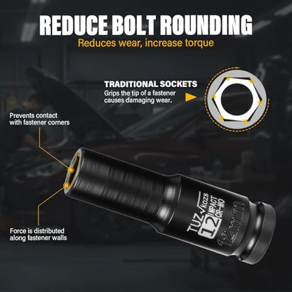 1/2 Inch Drive 12mm Deep Metric 6 Point CR-MO Impact Socket | Radius Corner Design,Square Chamfered Opening,Axle Nut Impact Grade Socket for Easy Removal - size: 1/2” Drive 12mm Deep, style: 1/2" Drive Deep Socket